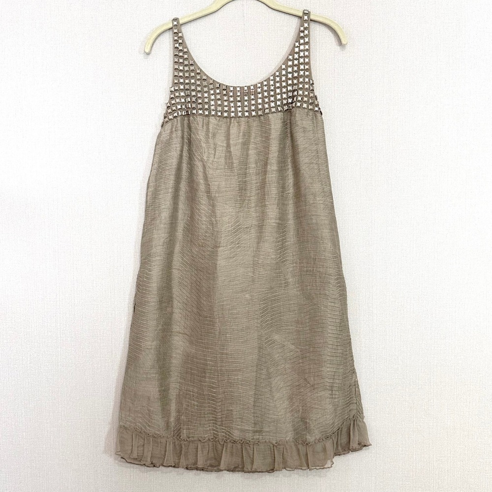 Alice + Olivia Taupe Linen Blend Studded Ruffle Hem Mini Dress